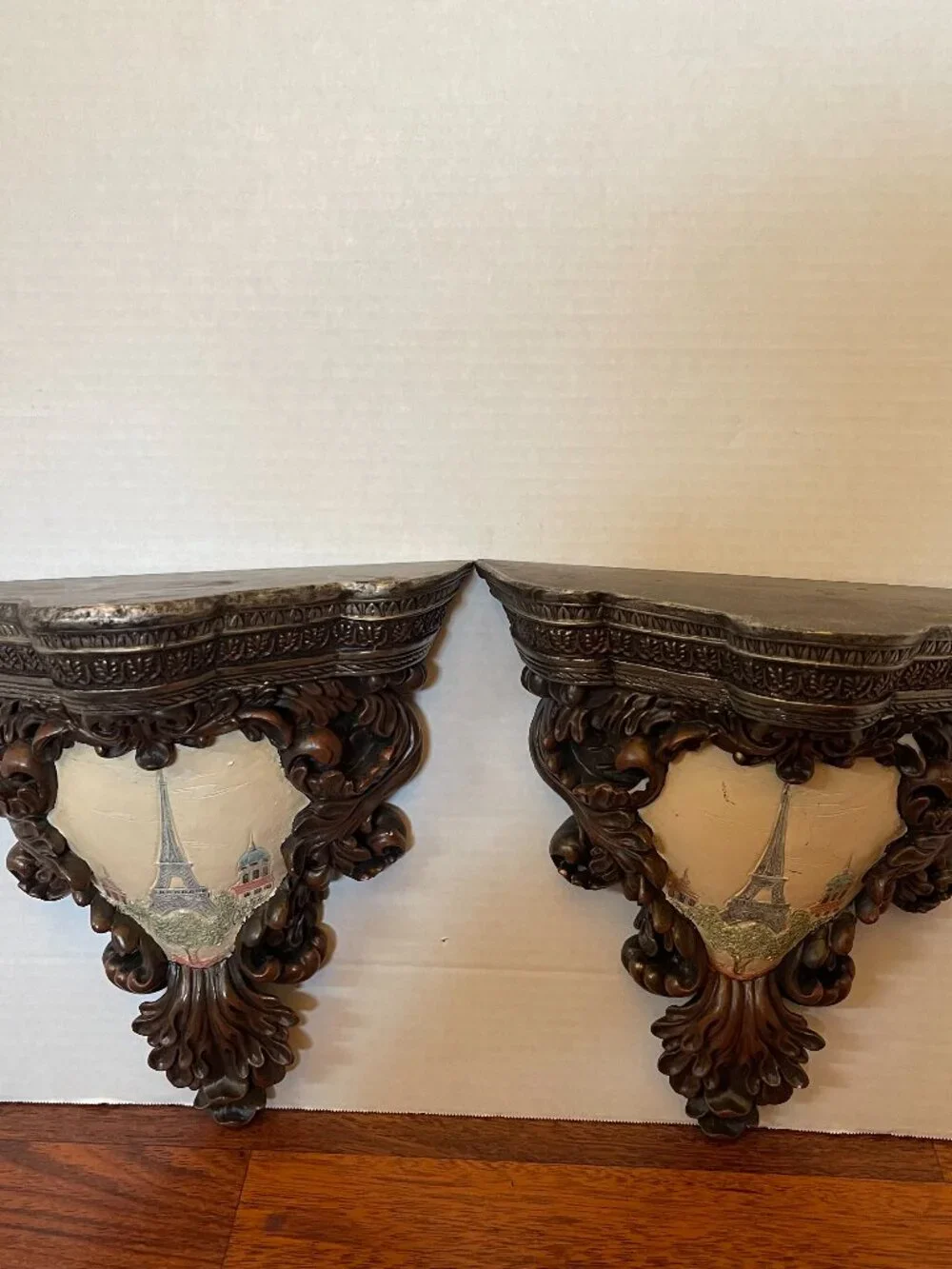 Arister Faux Wood Carved Pair of Hand Painted Paris Eiffel Shelf Sconce Resin